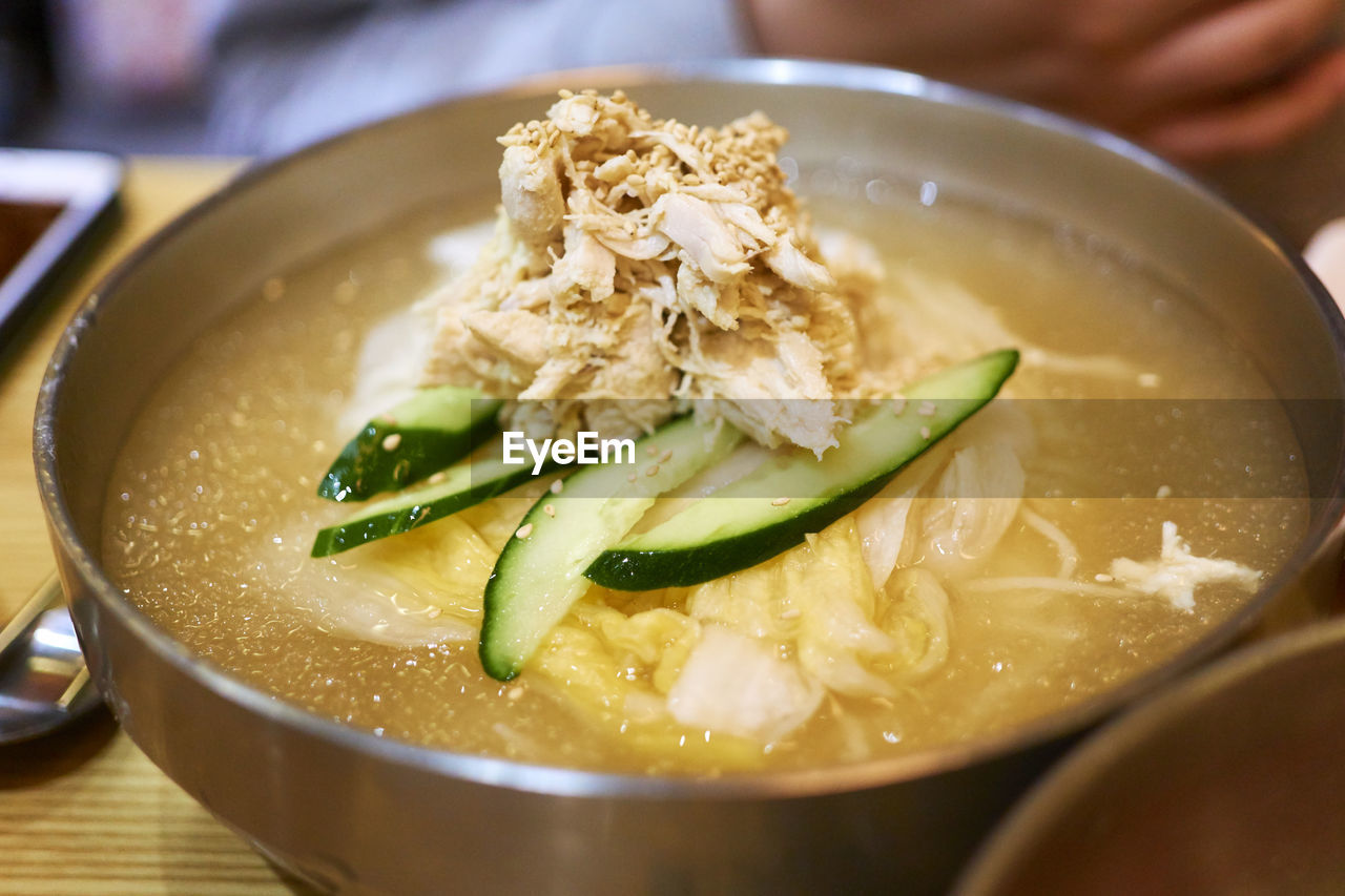 Close-up of korean chicken noodle soup