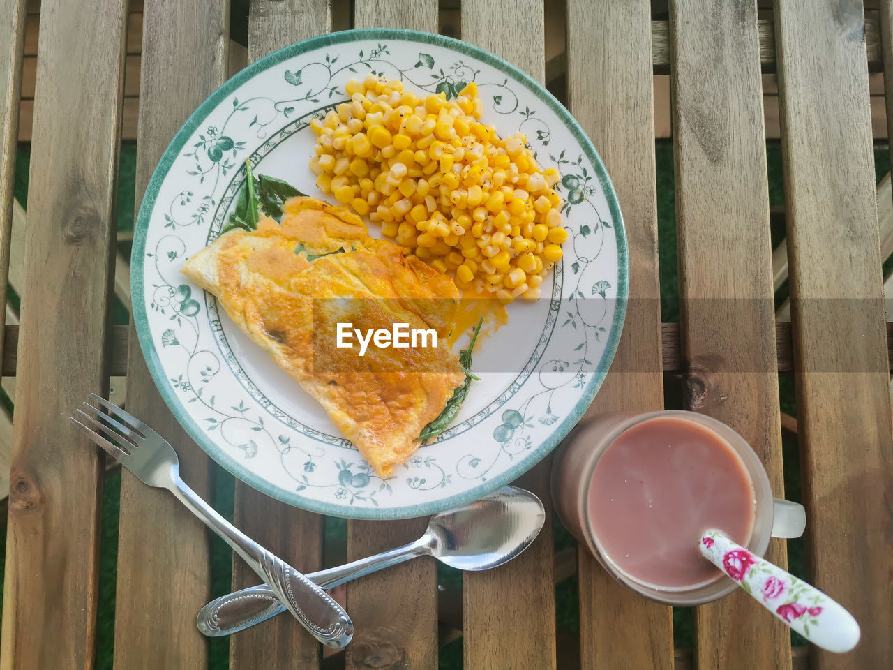 High angle view of breakfast served on table