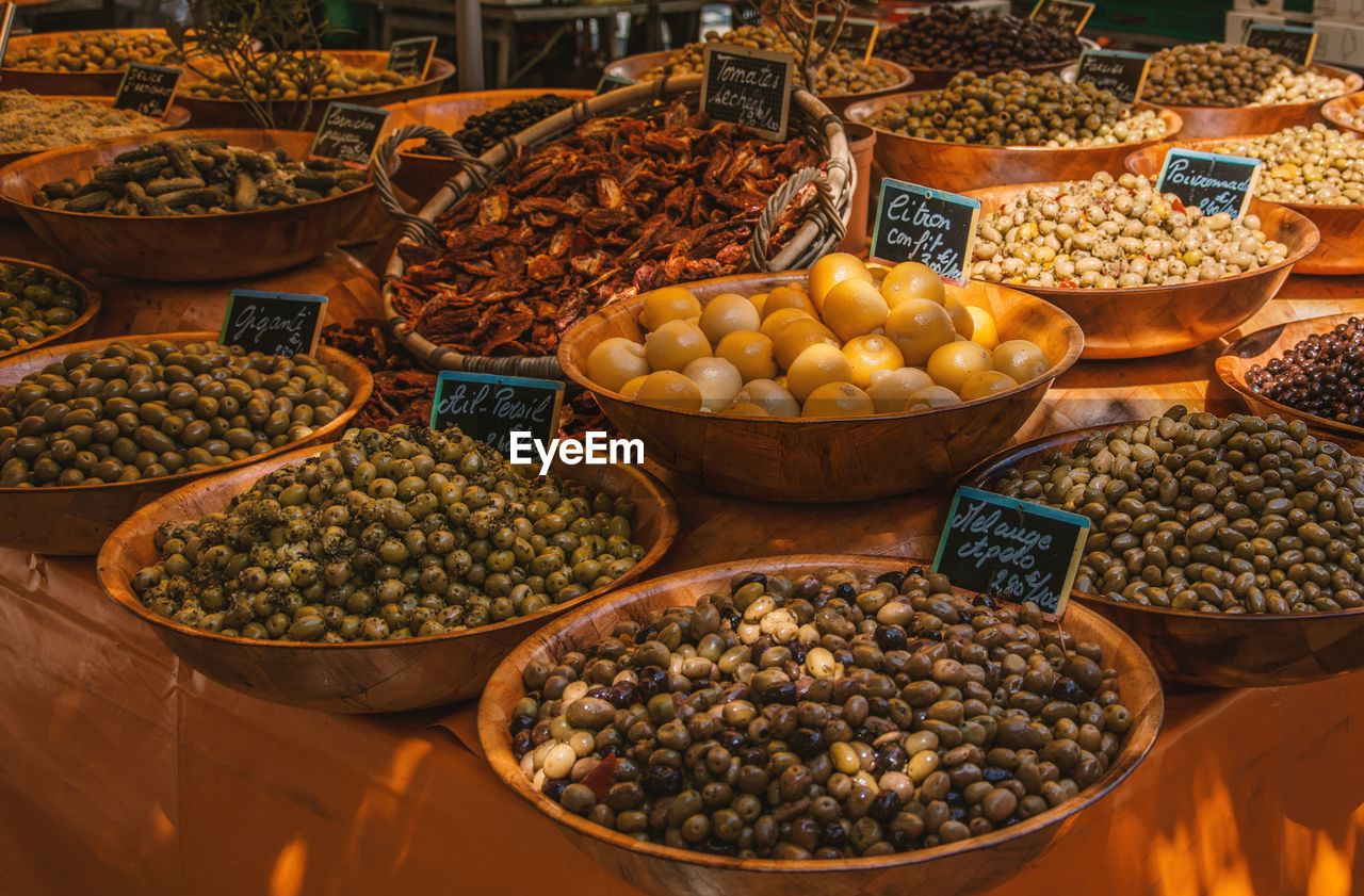 High angle view of various food for sale at market stall