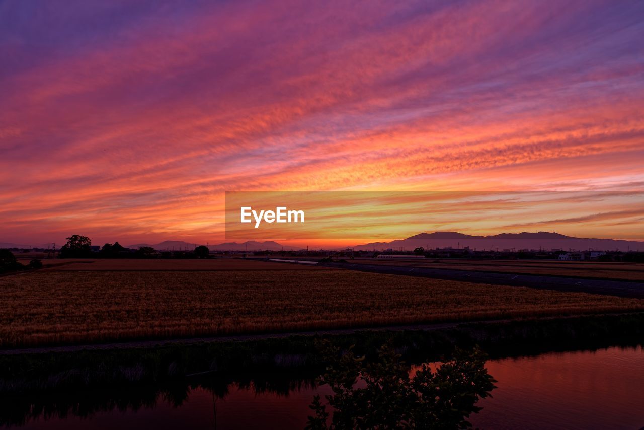 Scenic view of field against sky during sunset