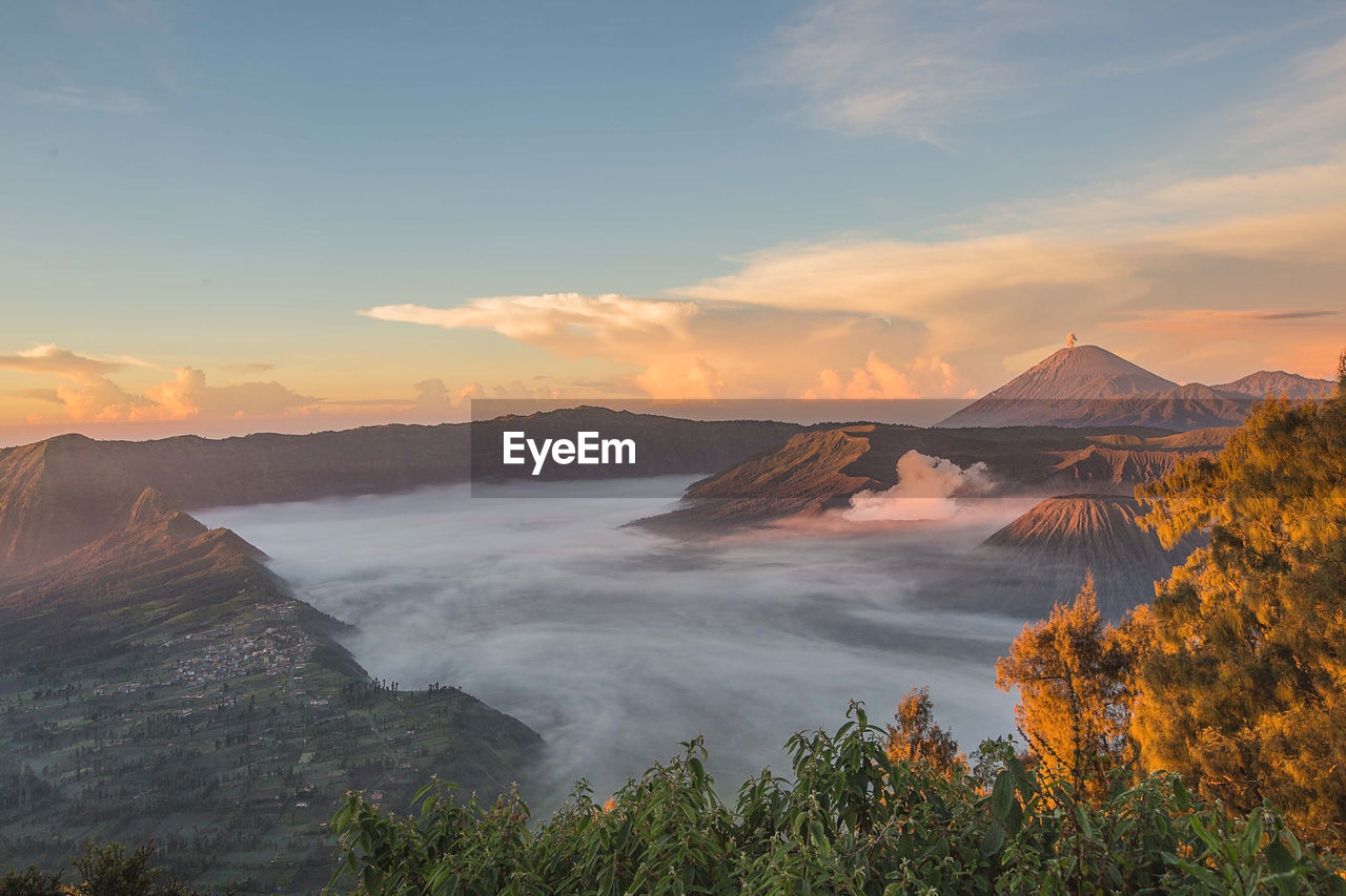 Scenic view of mountains at sunset