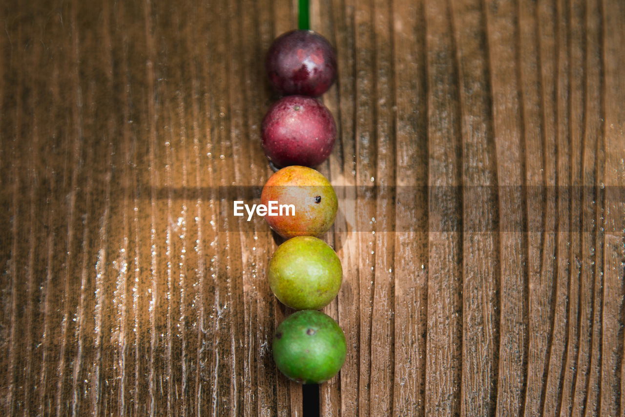 High angle view of fruits on wooden table