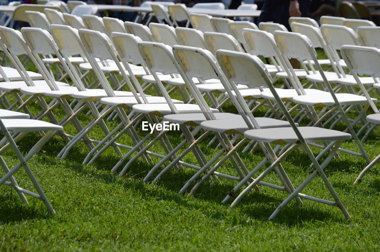 EMPTY CHAIRS IN LAWN AGAINST PLANTS