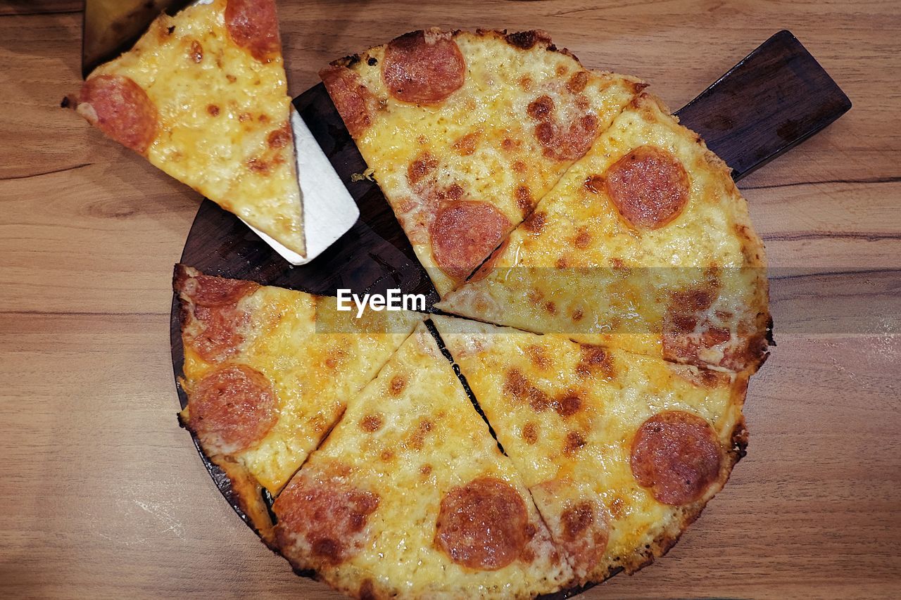 HIGH ANGLE VIEW OF PIZZA ON PLATE