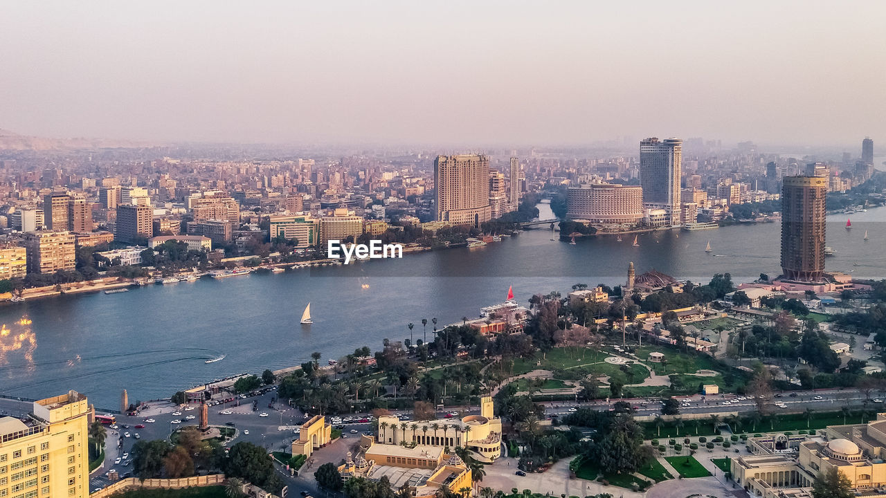 High angle view of city at waterfront