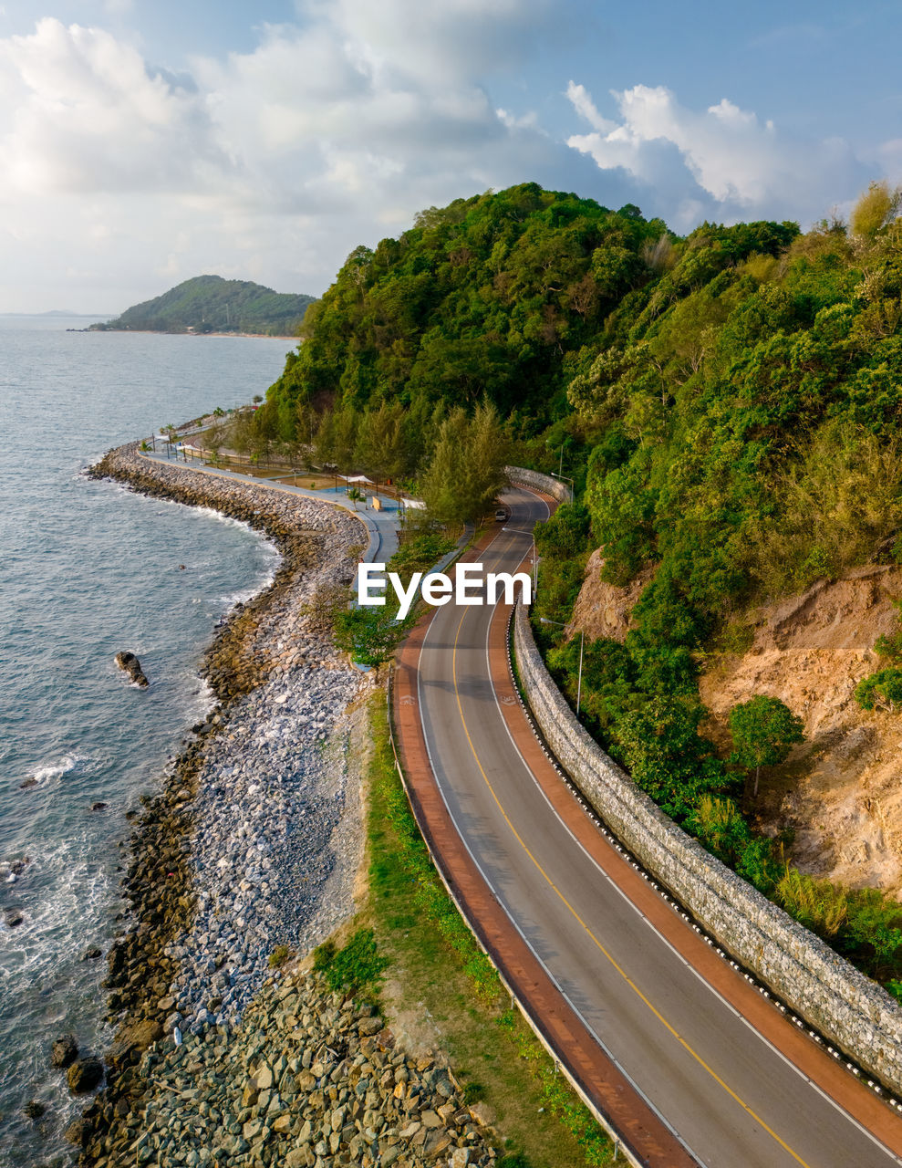 high angle view of road by sea against sky