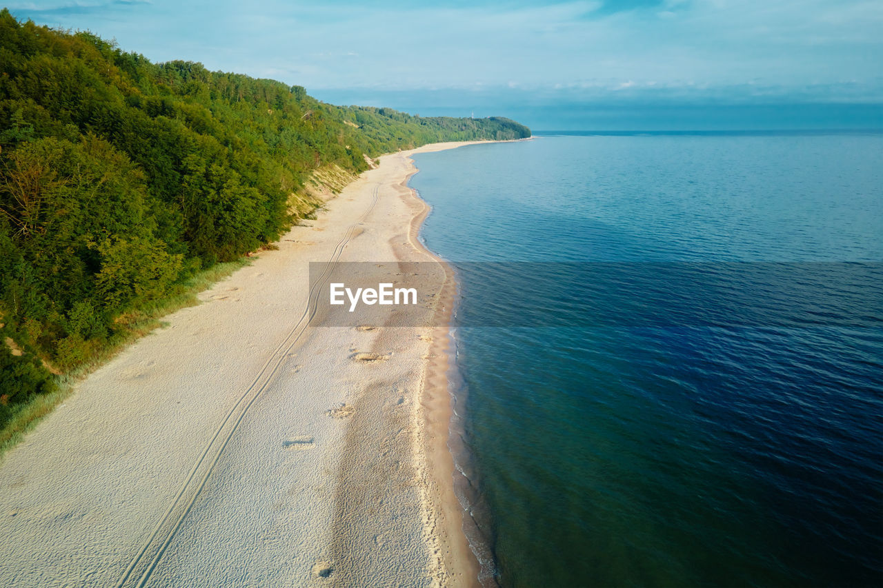 Aerial view of sea landscape with sand beach in wladyslawowo. baltic sea coastline in poland