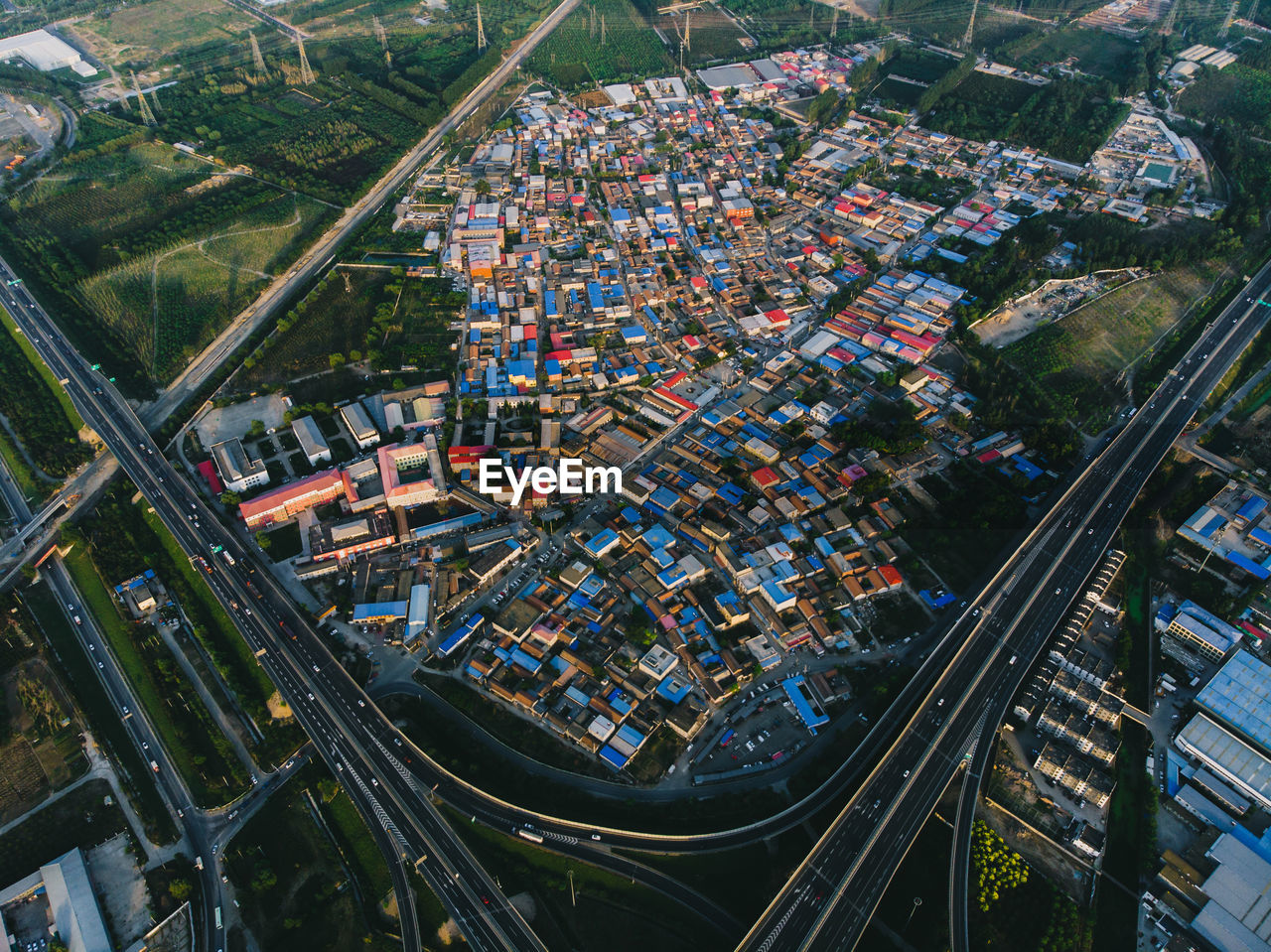 Aerial view of buildings and roads in city