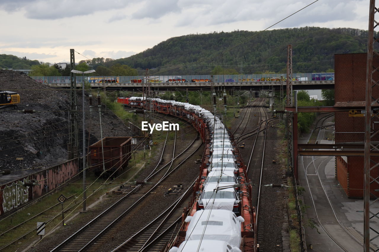 High angle view of train against sky