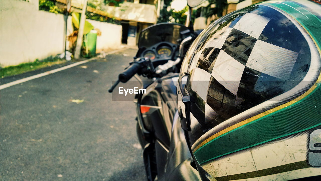 Bicycle parked on road