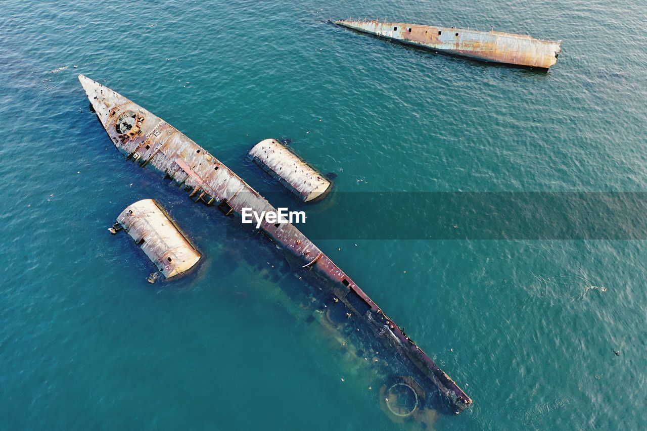 High angle view of old ship in sea