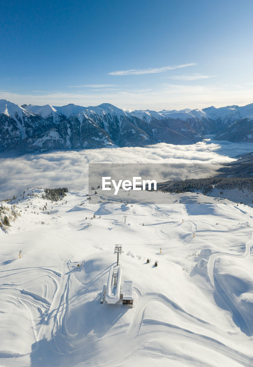 Snow covered land against sky