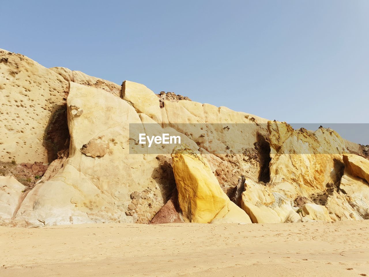 ROCK FORMATIONS ON DESERT AGAINST CLEAR SKY