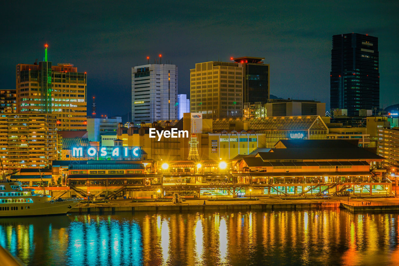 ILLUMINATED BUILDINGS IN CITY AT NIGHT