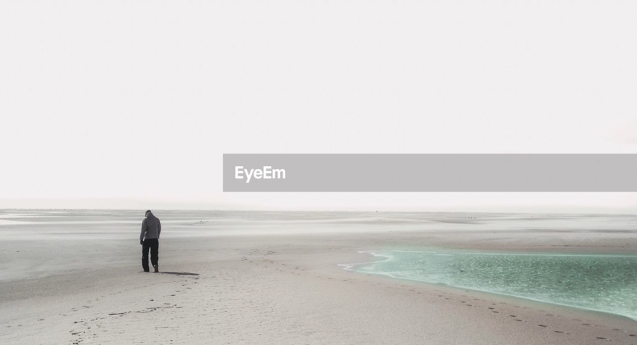 Rear view of man standing on shore at beach against clear sky