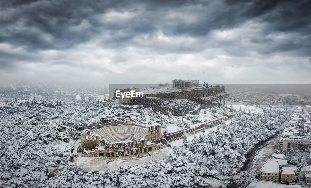 High angle view of fortress in city during winter