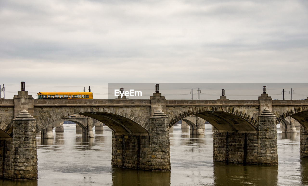 Arch bridge over river against sky