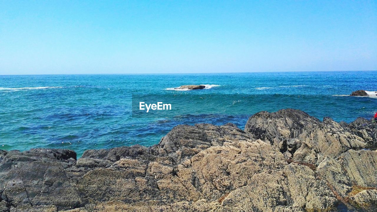 SCENIC VIEW OF BEACH AGAINST CLEAR BLUE SKY