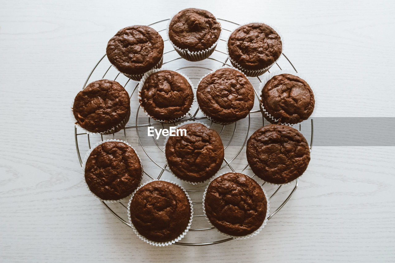 High angle view of chocolate muffins on table