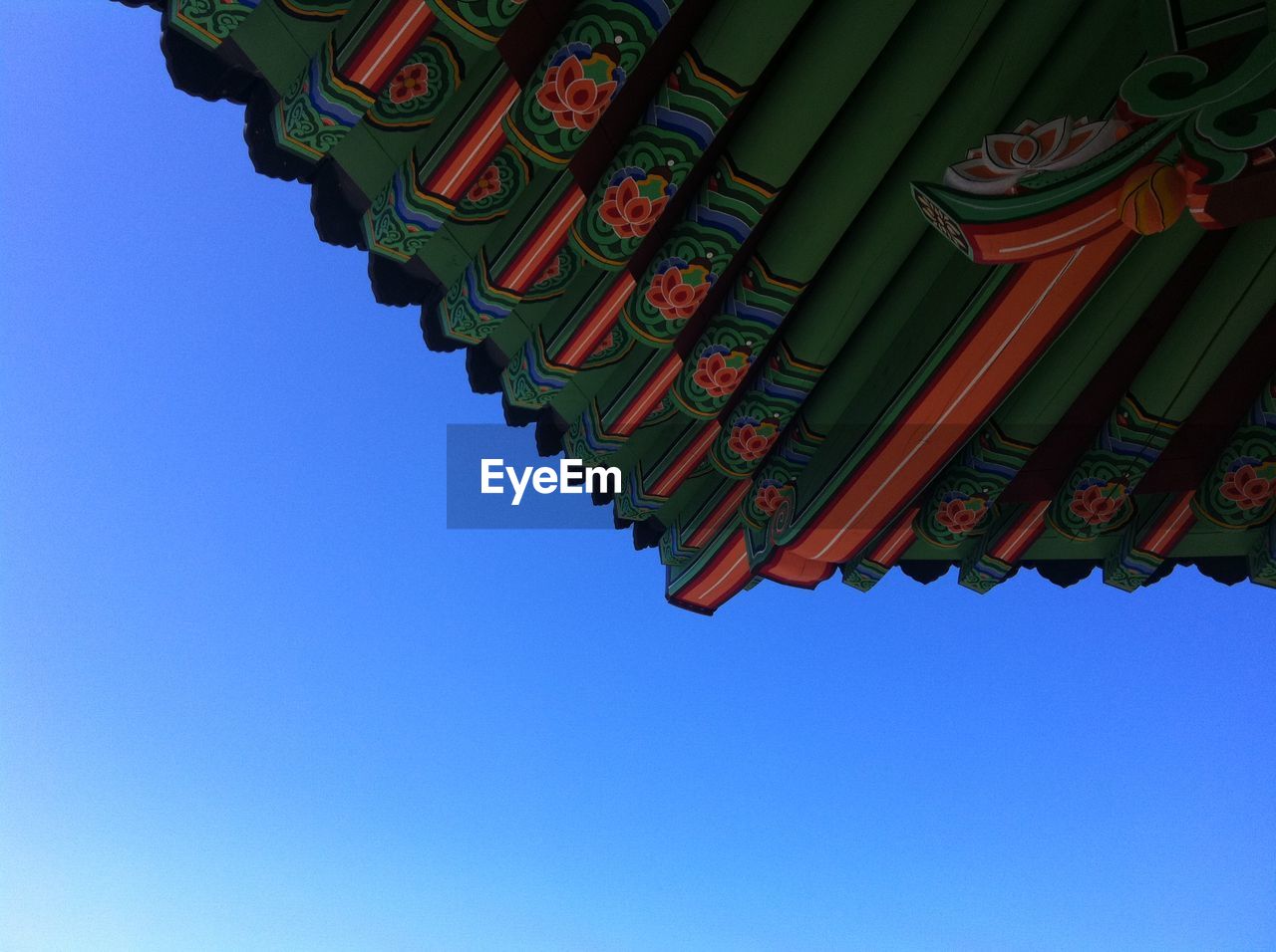 Low angle view of temple against clear blue sky