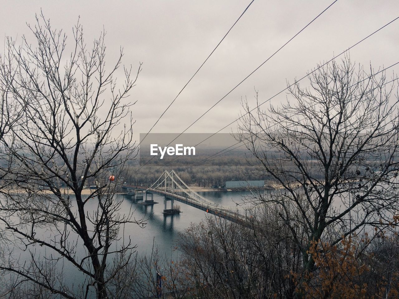 Bare trees blocking view of bridge over river against sky
