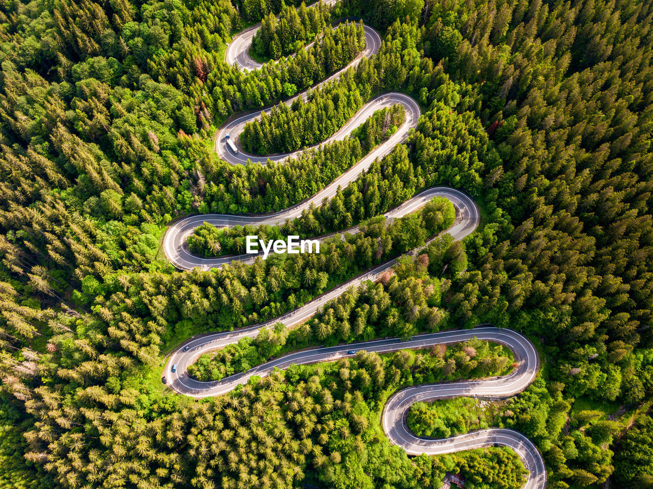 Tarmac road seen from above. aerial view of an extreme winding road through middle of the forest