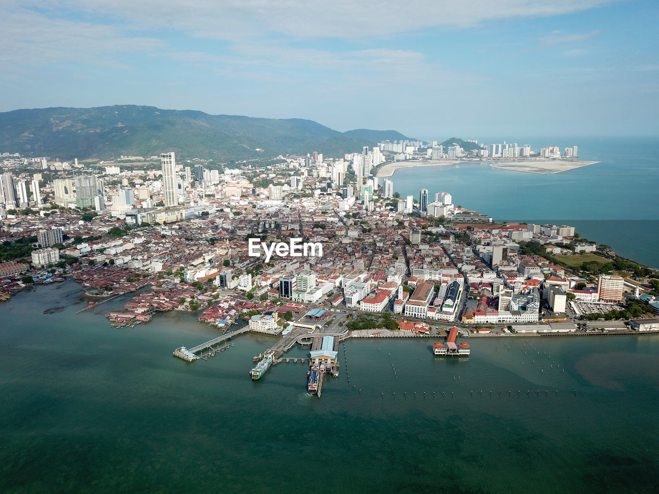 Aerial view penang ferry terminal with background unesco world heritage site georgetown.