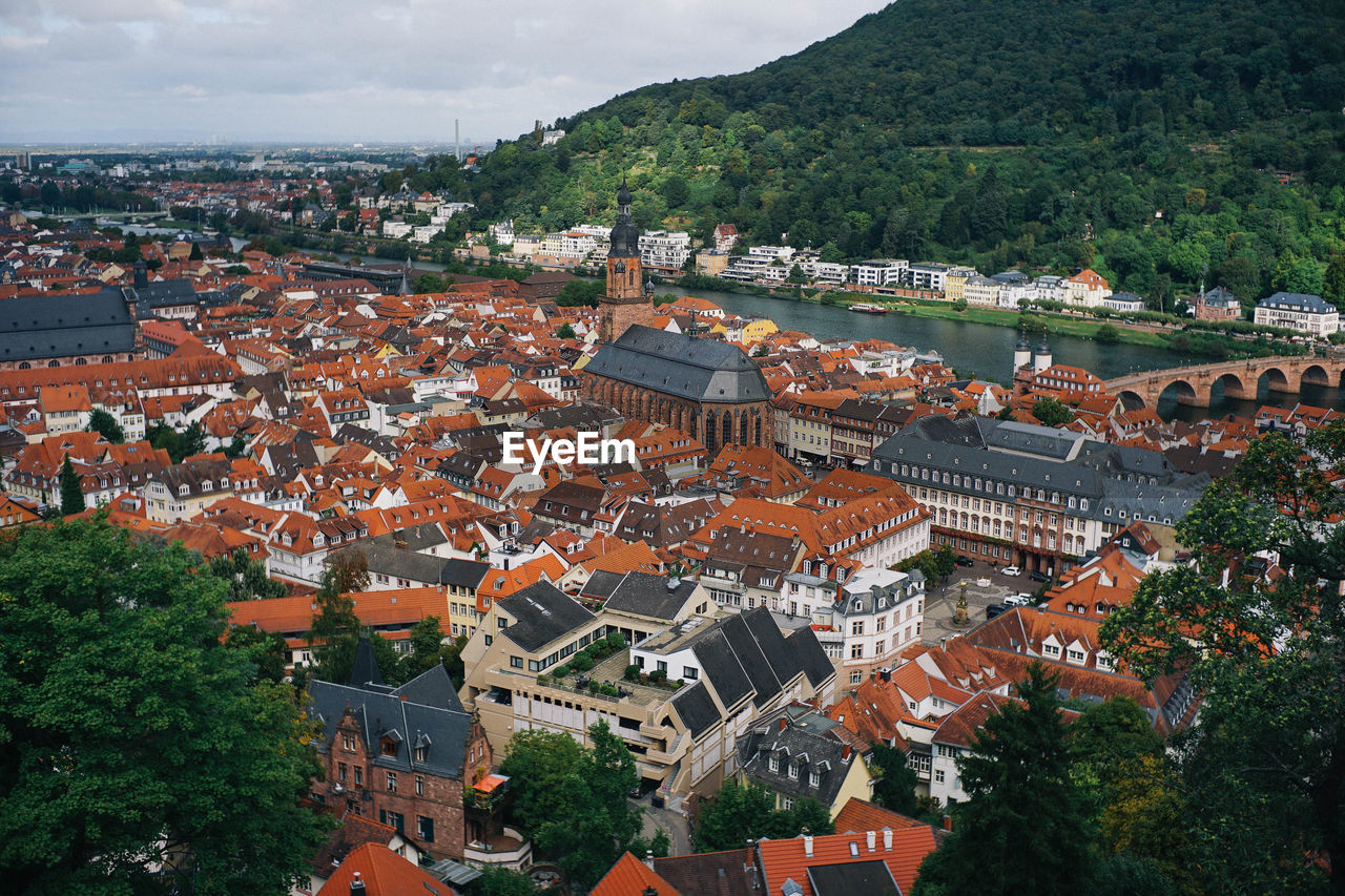 HIGH ANGLE VIEW OF TOWNSCAPE AND TREES IN CITY