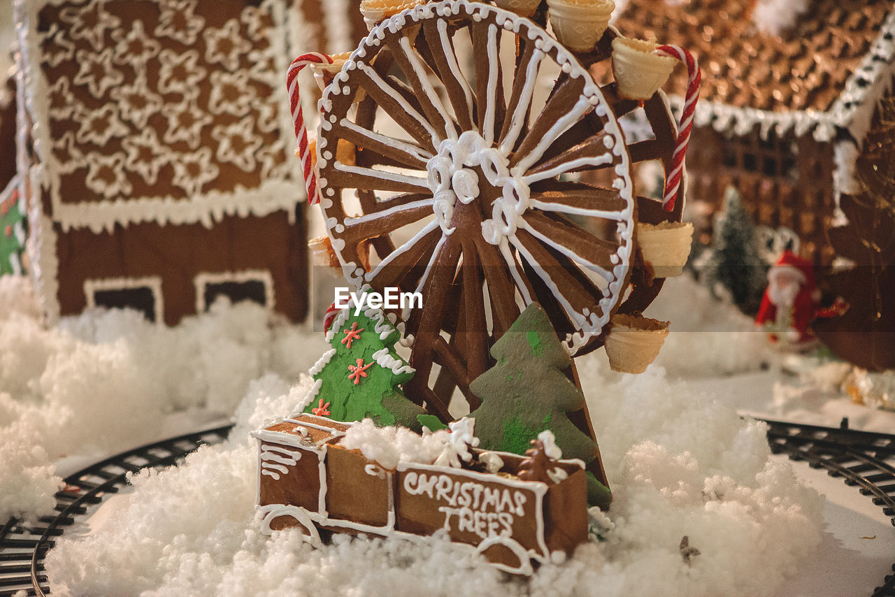 Close-up of gingerbread house during christmas