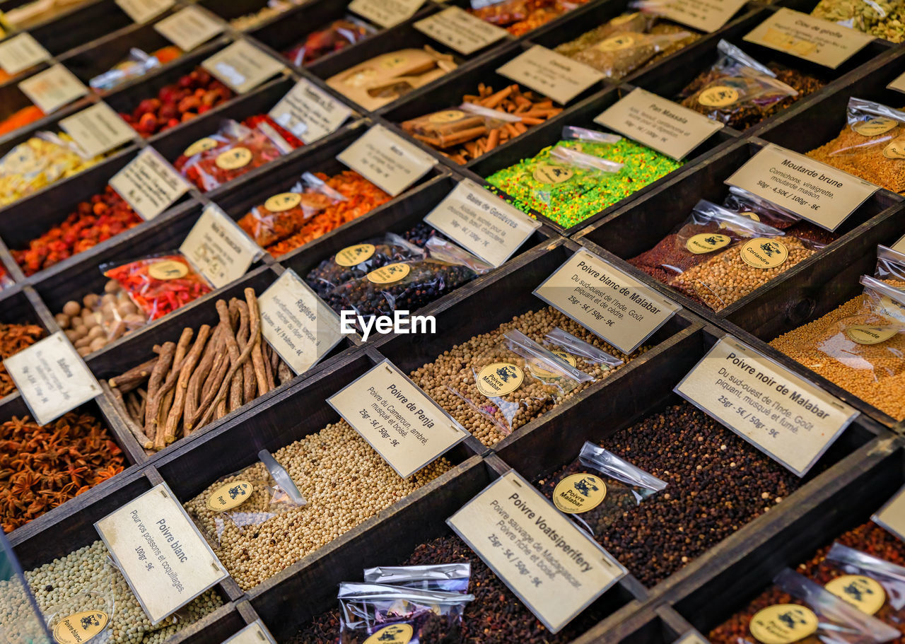 high angle view of food for sale