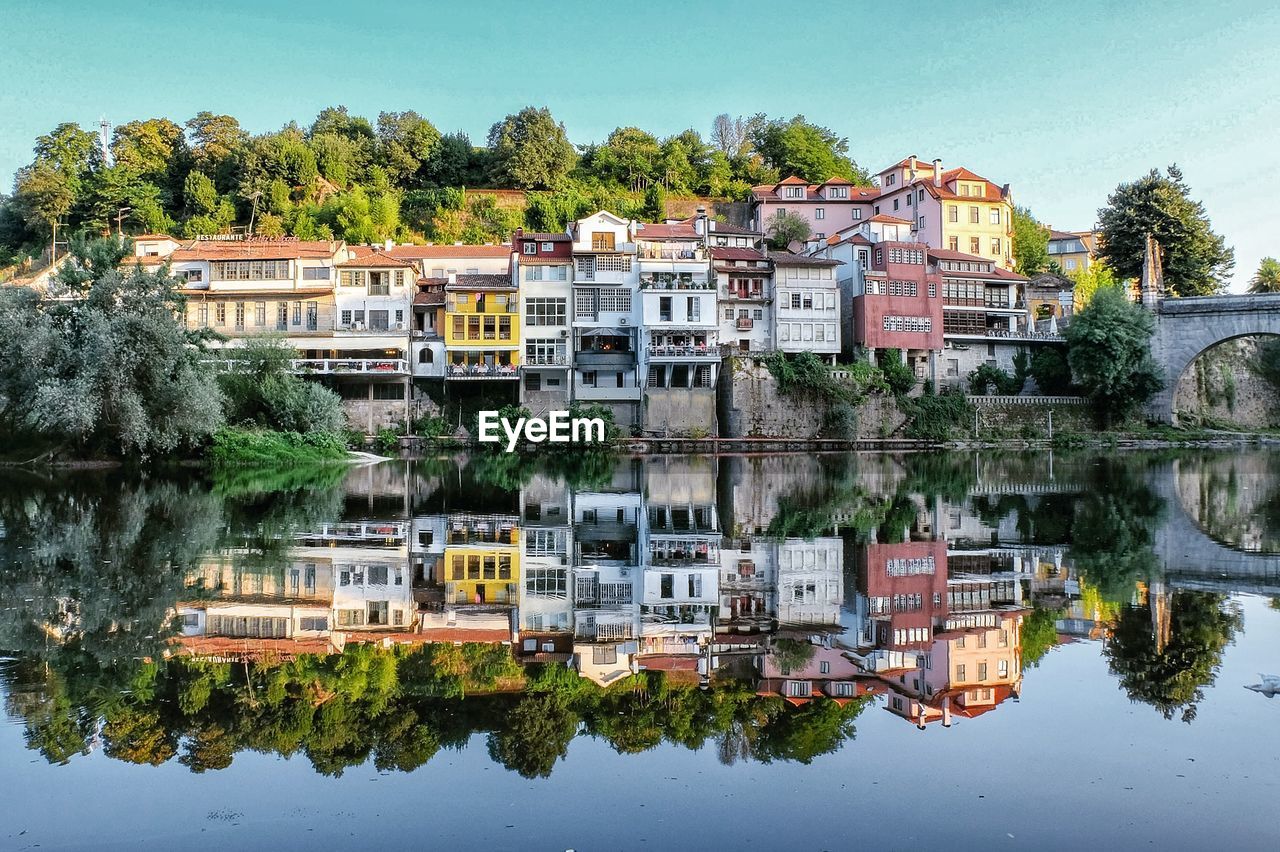 Reflection of buildings and trees in lake