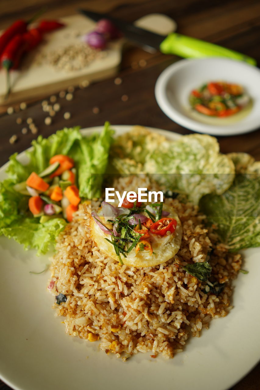 High angle view of meal served in plate