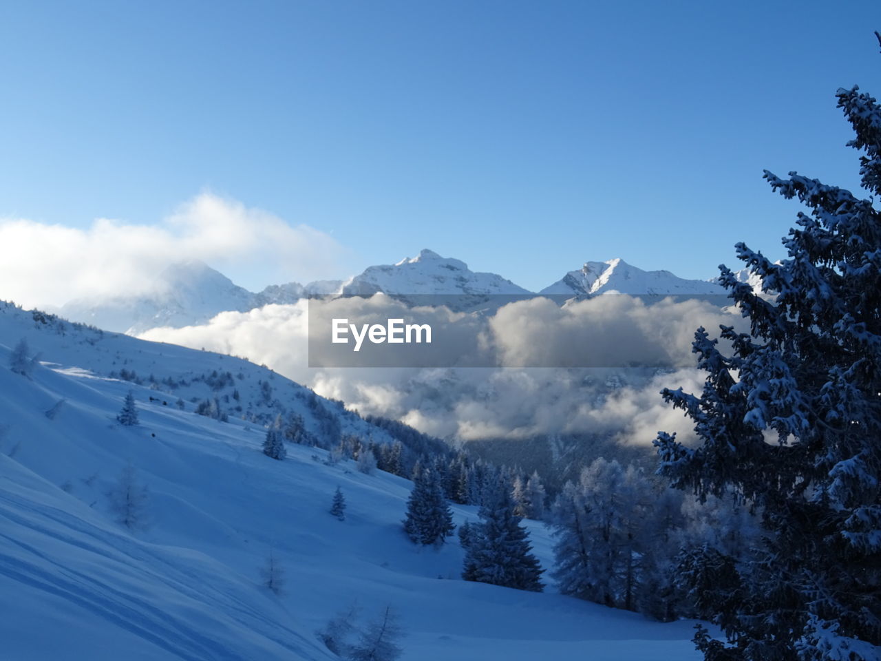 Scenic view of snowcapped mountains against sky