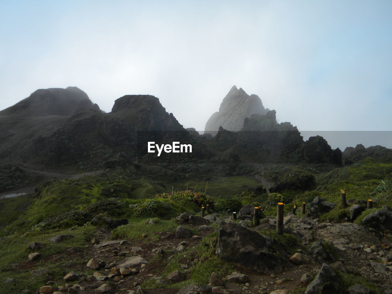 Scenic view of mountains and field against sky