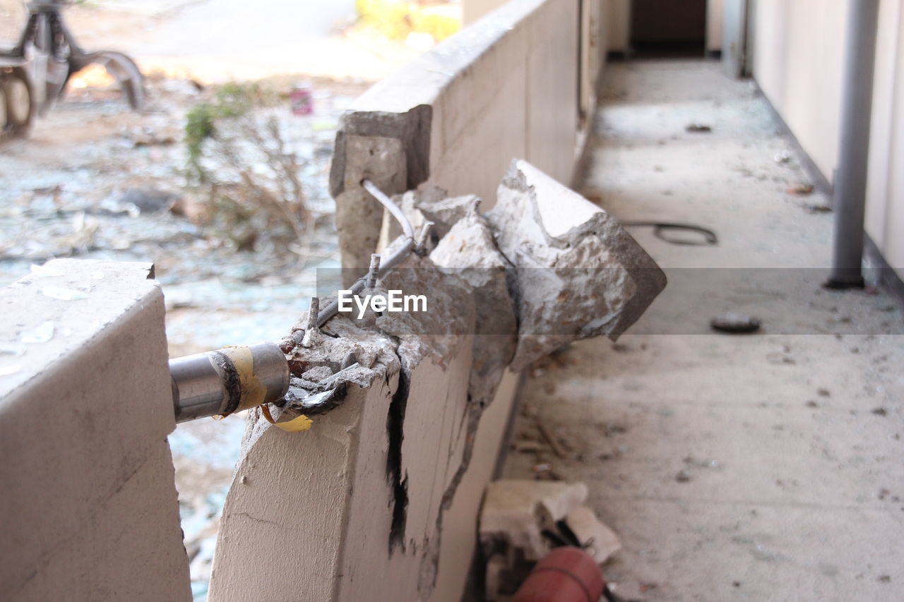 Close-up of destruction site of residential building, apartment