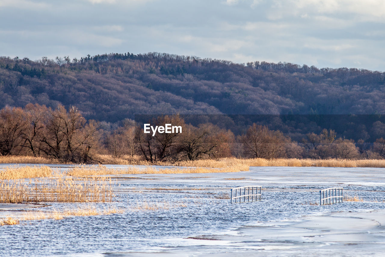 Scenic view of river and mountain against sky