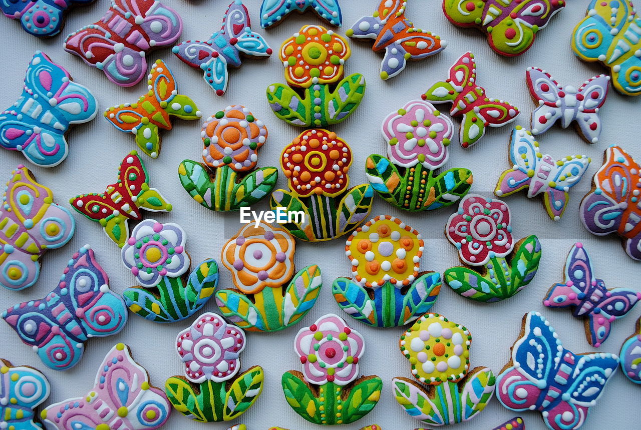 High angle view of multi colored candies on table