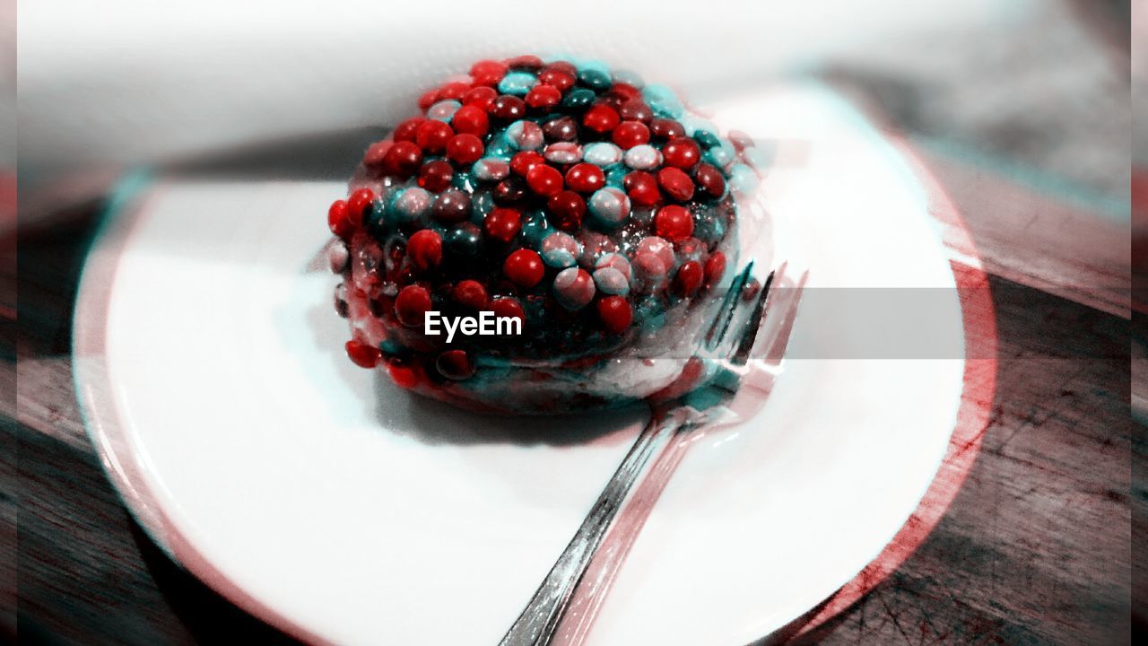 Double exposure of dessert and fork in plate