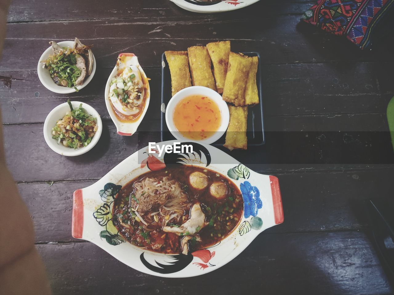 High angle view of meal served on table