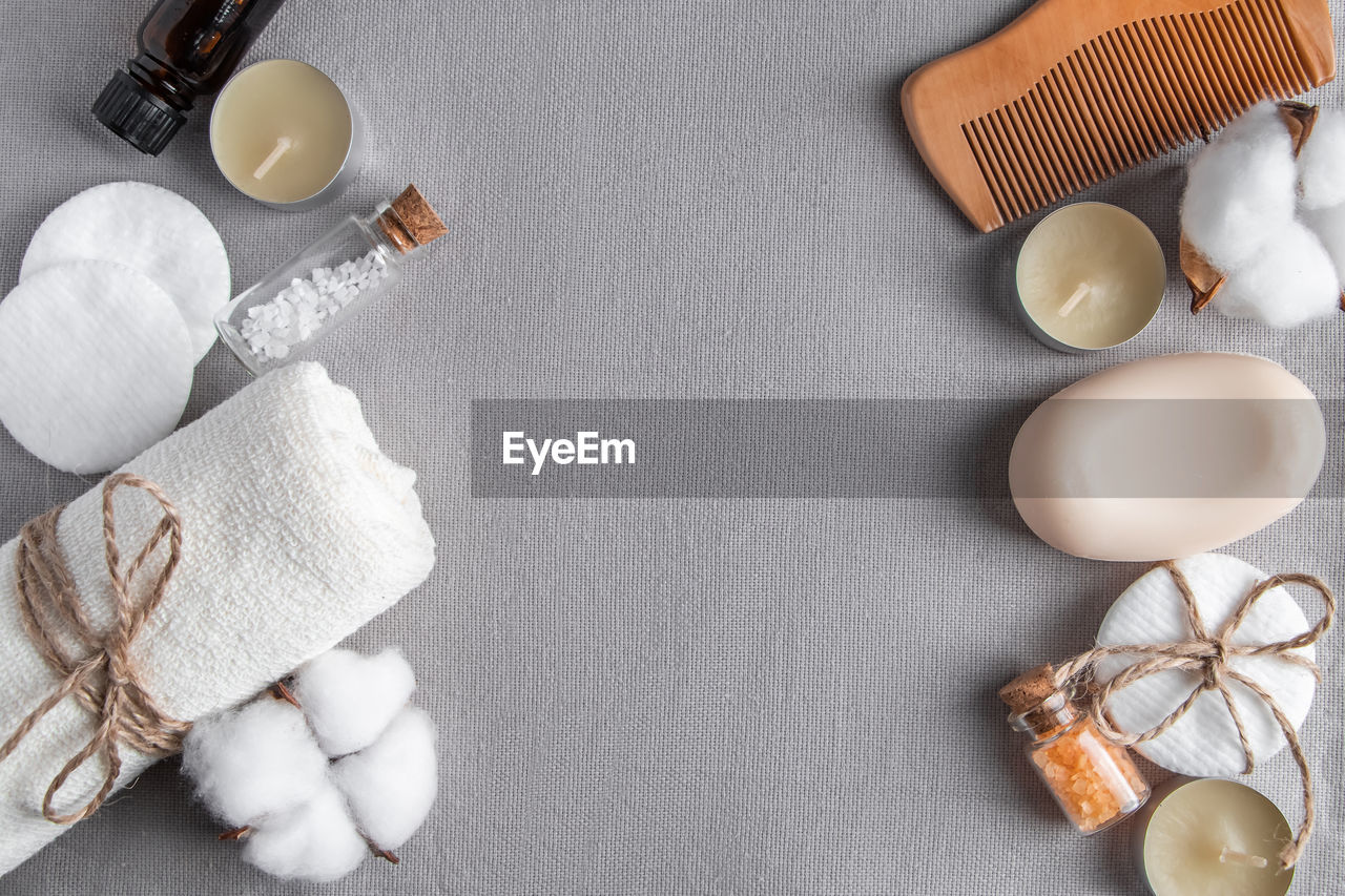 food and drink, food, high angle view, indoors, studio shot, no people, egg, freshness, ingredient, knolling - concept, directly above, wellbeing, still life, healthy eating, table, gray, shell, dairy, drink, copy space, gray background, variation