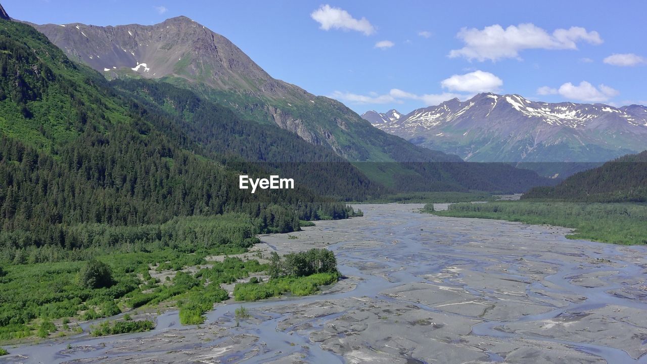 SCENIC VIEW OF MOUNTAINS BY LAKE AGAINST SKY