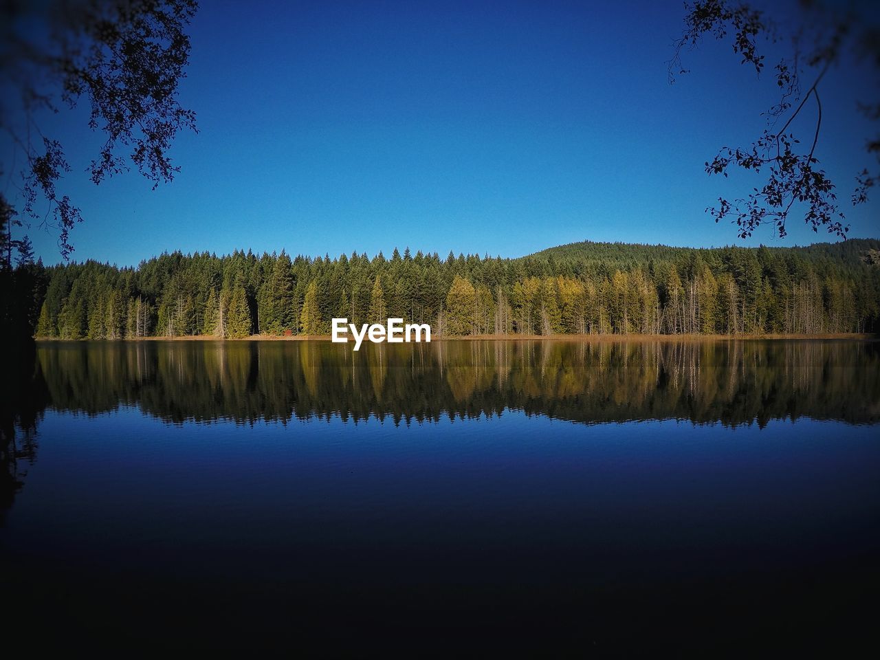 Scenic view of trout lake against blue sky