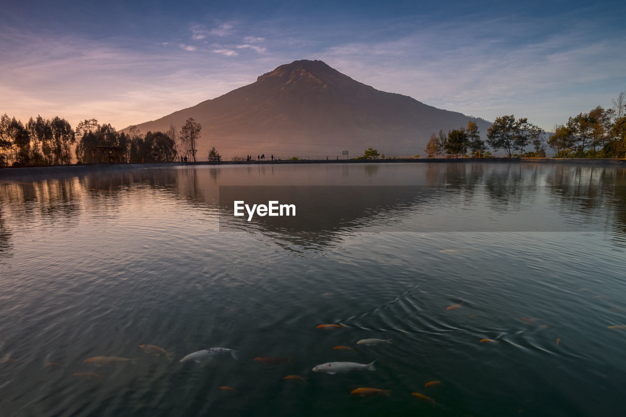 Scenic view of lake and mountain against sky during sunset