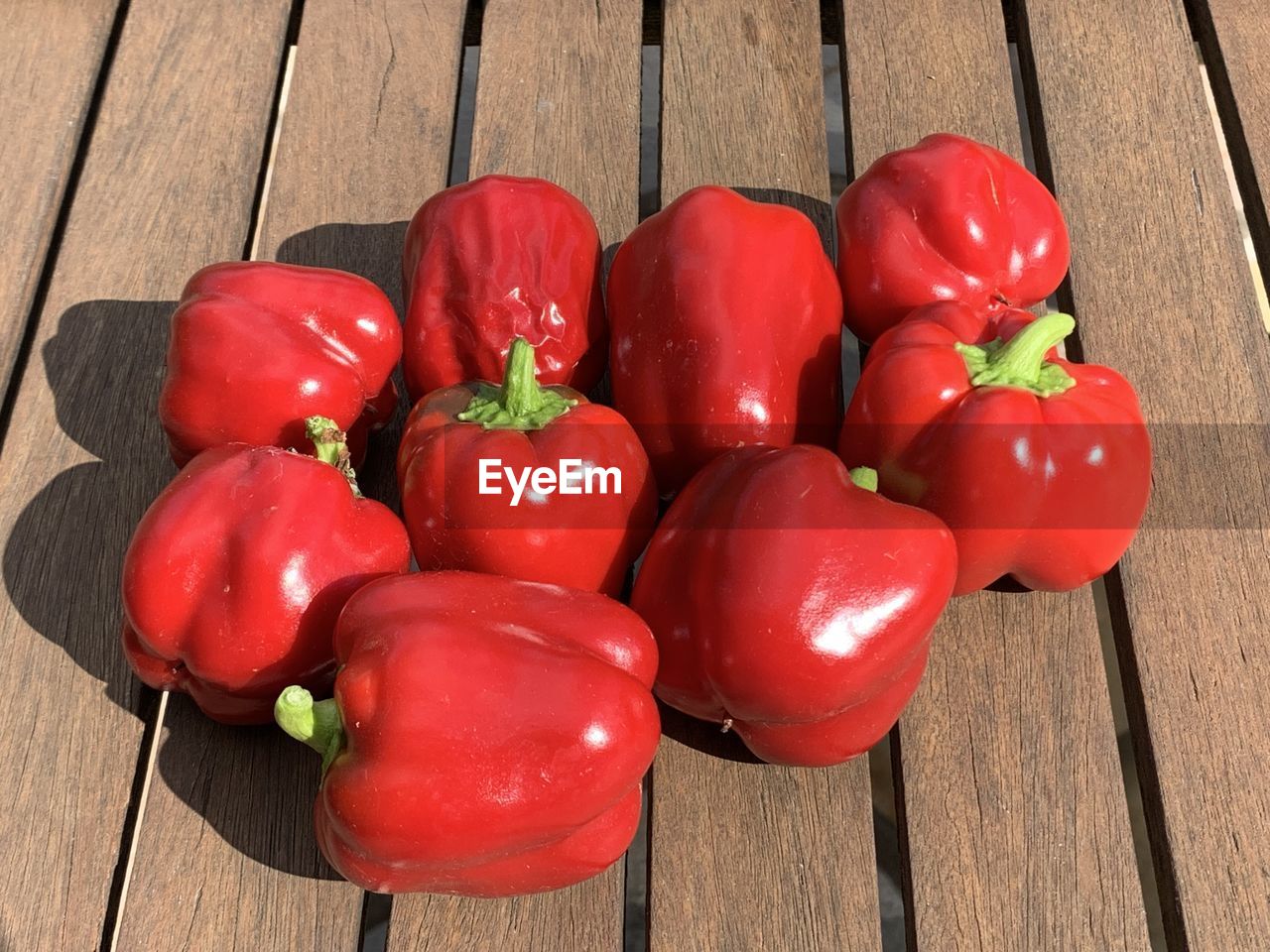 High angle view of red bell peppers on table