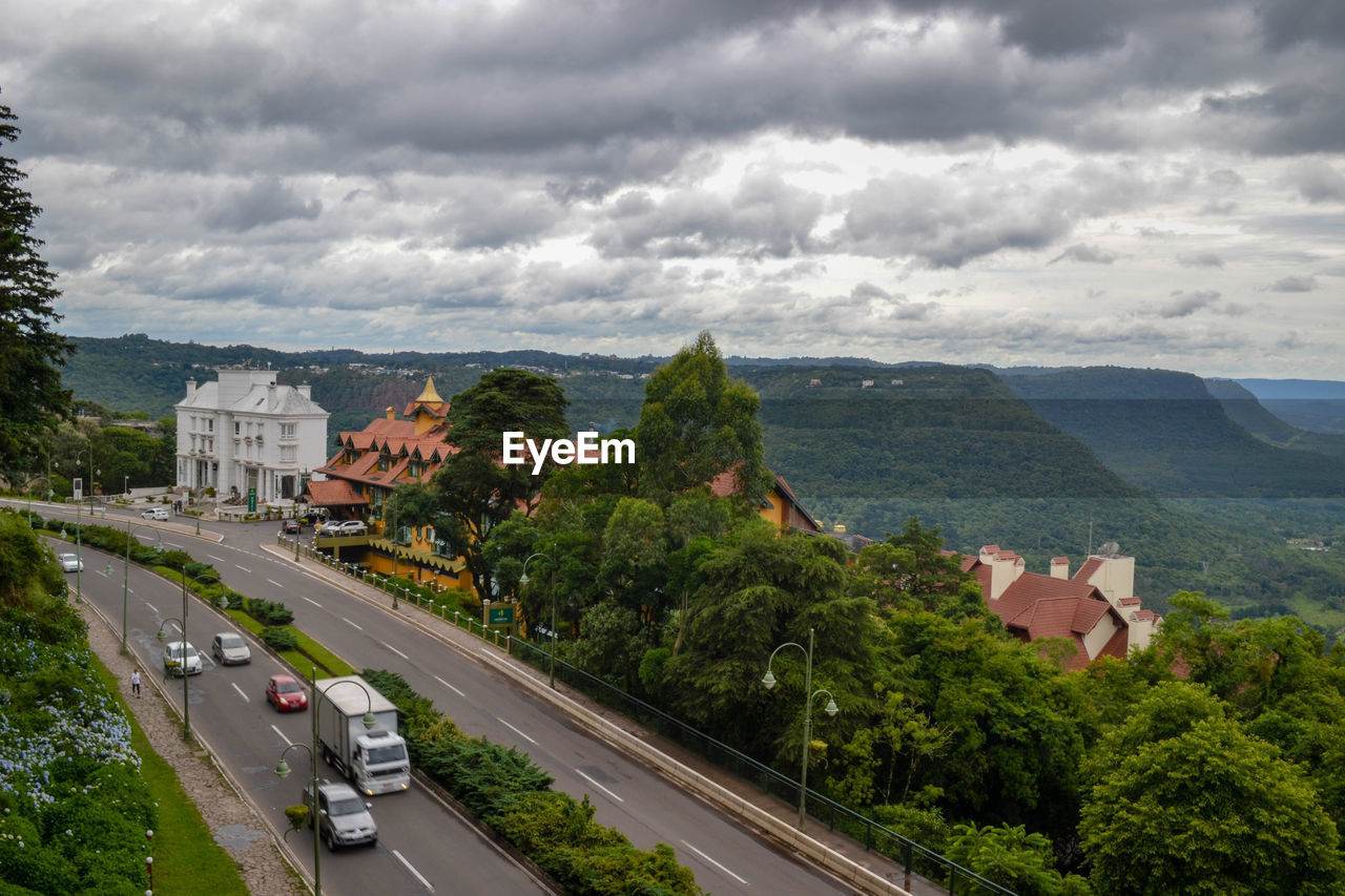 High angle view of road amidst buildings in city