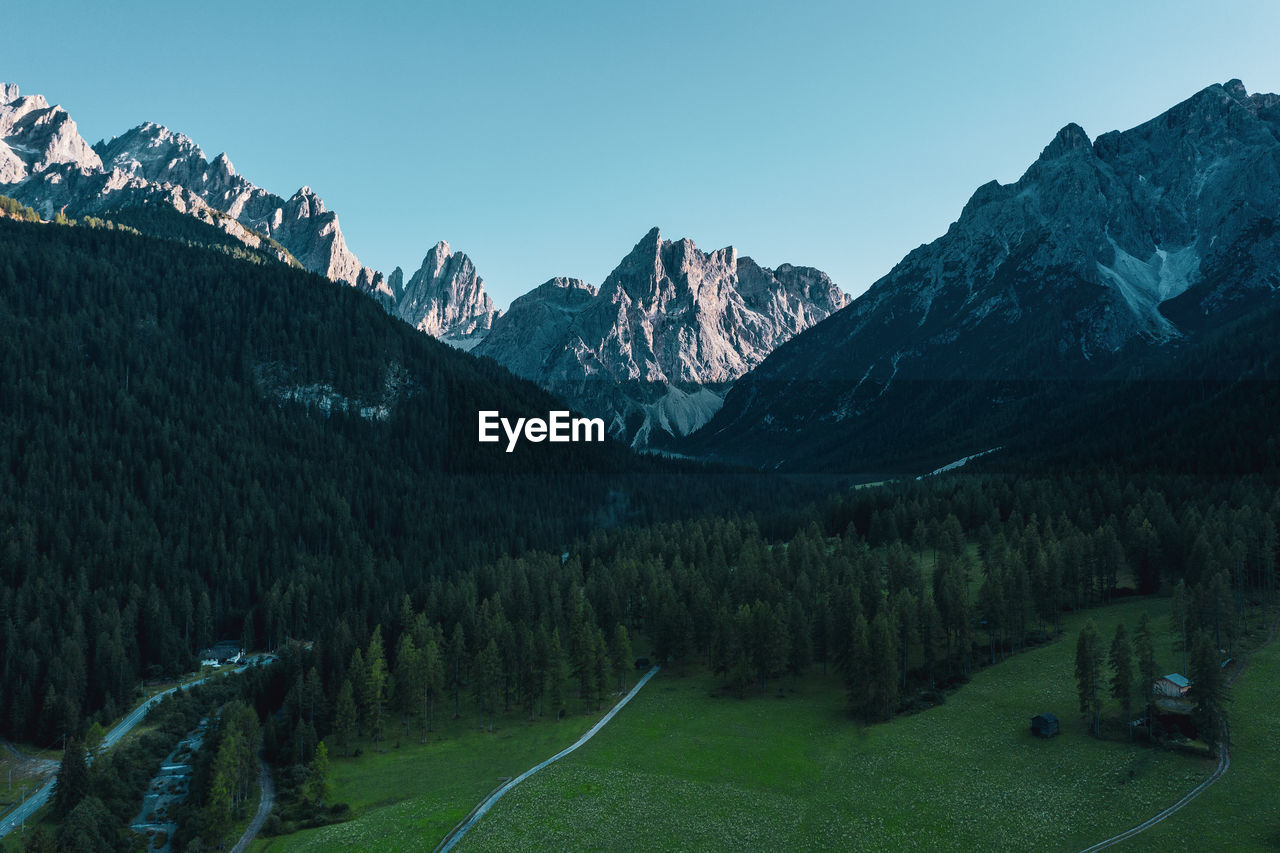 Panoramic view of the sesto dolomites . drone photography.