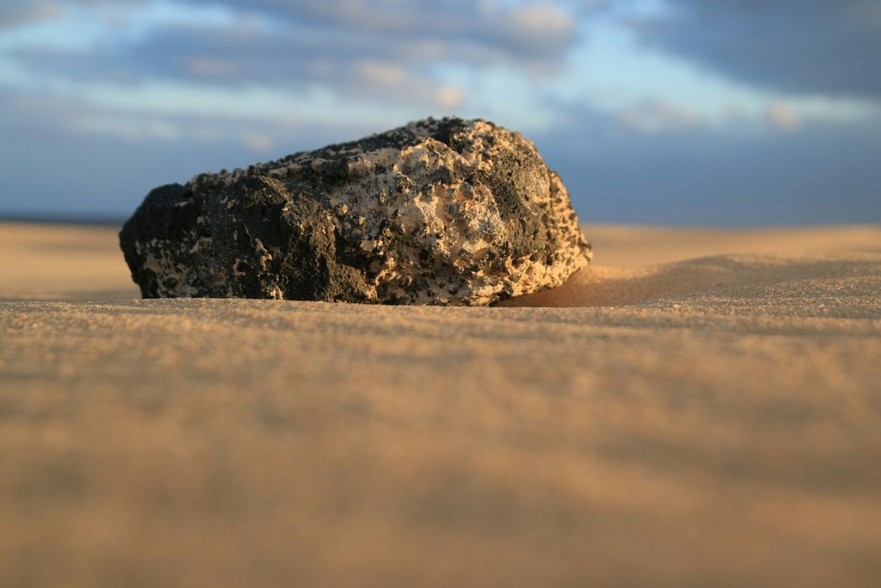 Rock at beach against sky