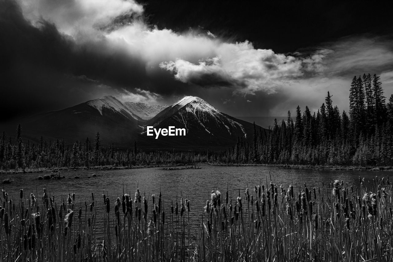 Storm clouds drift over the canadian rocky mountains at vermillion lakes near banff, alberta, canada
