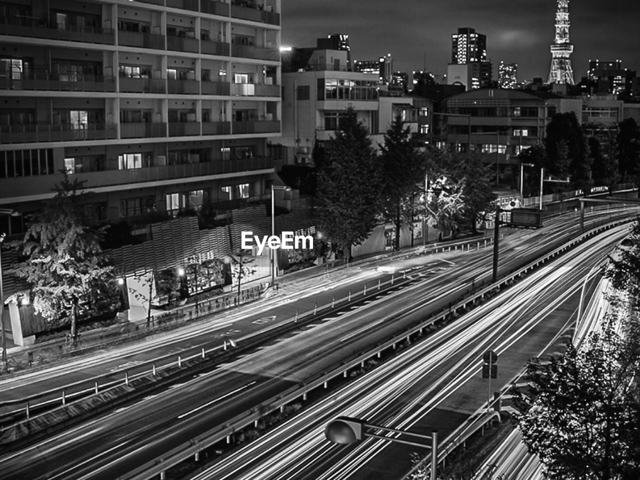 High angle view of light trails on street in city