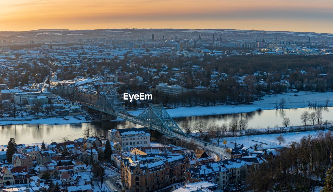 High angle view of city during winter